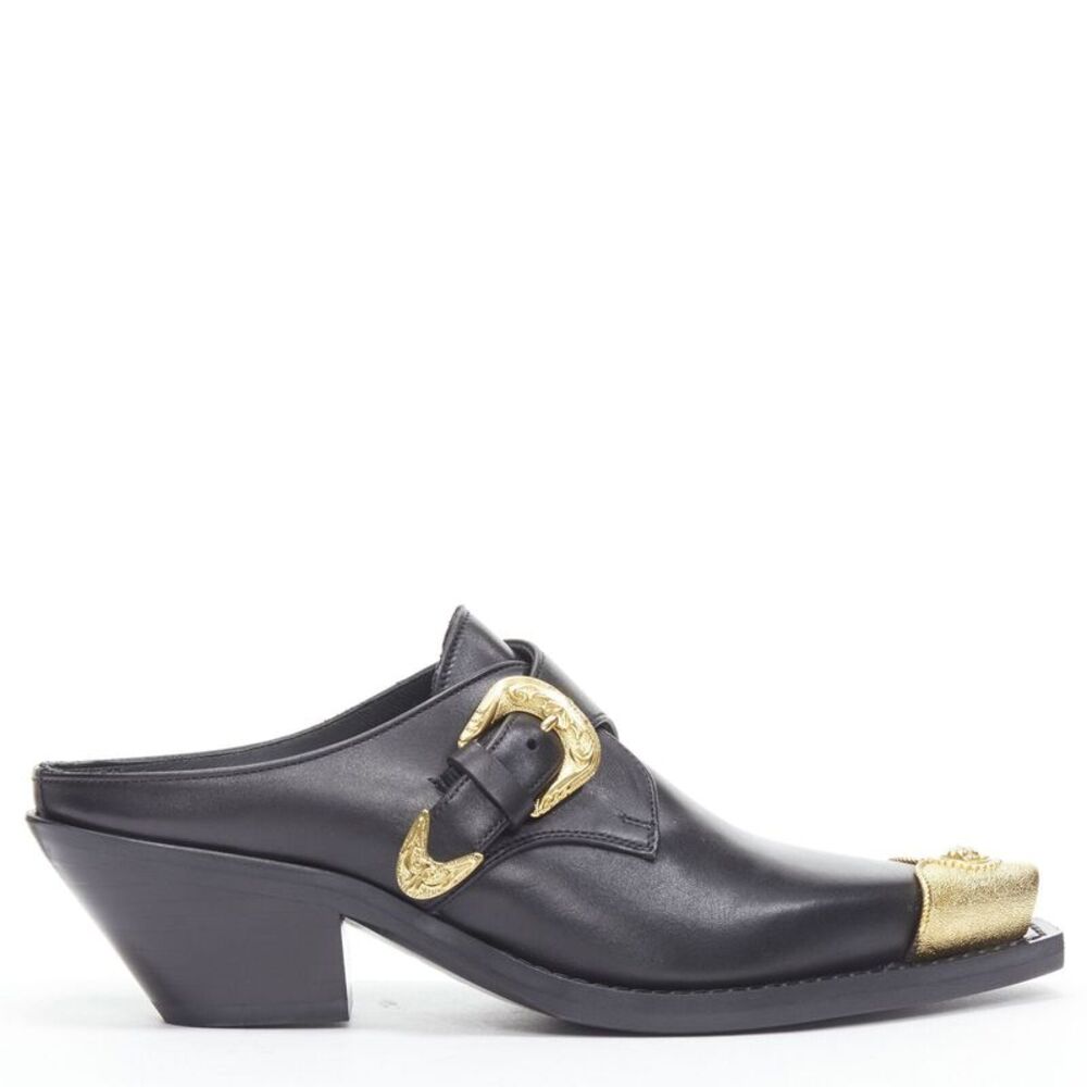 VERSACE 2019 black leather gold Medusa toe western buckle cuban mule EU37